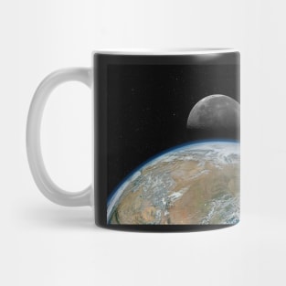 Planet Earth and Moon against dark starry sky Mug